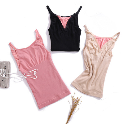 大奶保暖背心冬季无缝蕾丝加绒加厚带胸垫打底外穿美体保暖内衣女|ms