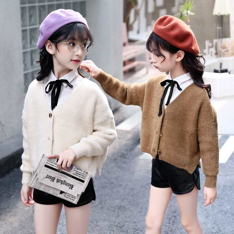 女童春装开衫毛衣加厚韩版小外套线衫开学季韩版纯色扣子休闲毛衣|ms