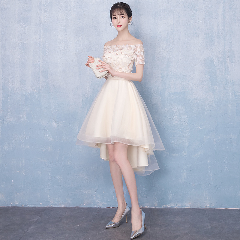 Banquet Champagne-Colored Evening Dress for Women 2026 New Style One-Shoulder Short Front Long Back Slimming Prom Party Mini Dress Banquet Champagne-Colored Evening Dress for Women 2026 New Style One-Shoulder Short Front Long Back Slimming Prom Party Mini Dress