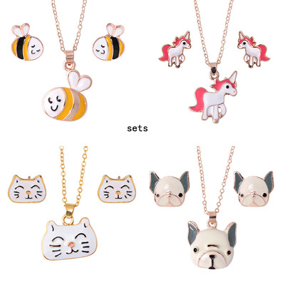 Europe and America Selling Cartoon Ear Studs Necklace suit Jewelry honeybee Kitty unicorn children Pendant jewelry female