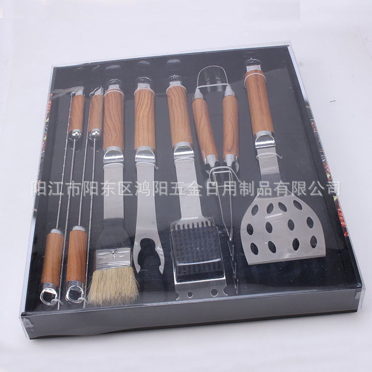 Directo de fábrica barbacoa parrilla mango de plástico parrilla 9 piezas de cartón conjunto de acero inoxidable utensilios de barbacoa al aire libre