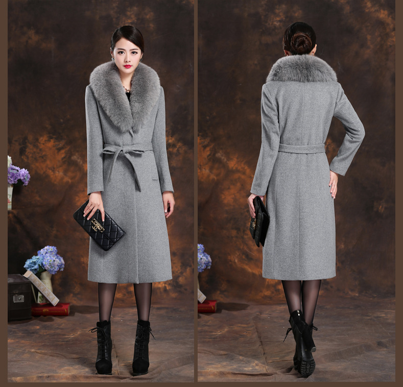 Long Alpaca Wool Coat Women Fox Fur Collar Thickened Over Knee