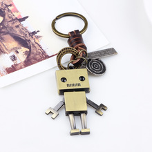 歐美復古鑰匙扣大頭方形機器人掛件創意車鑰匙鏈真牛皮輕奢鑰匙圈