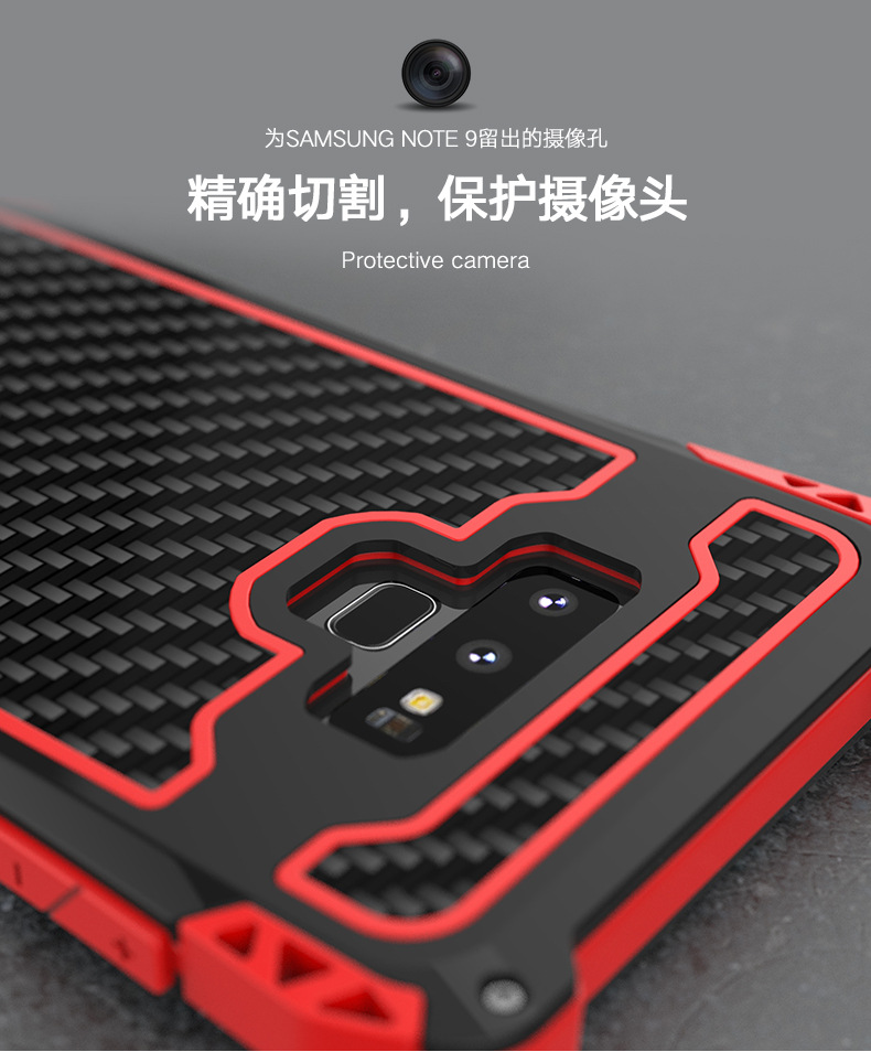 R-Just Amira Heavy Duty Dirtproof Shockproof Rainproof Aluminum Metal Bumper Carbon Fiber Back Cover Case for Samsung Galaxy Note 9