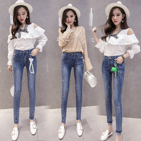 Fashion girl spring new high waist jeans Korean version with decoration self-cultivation elastic small pants