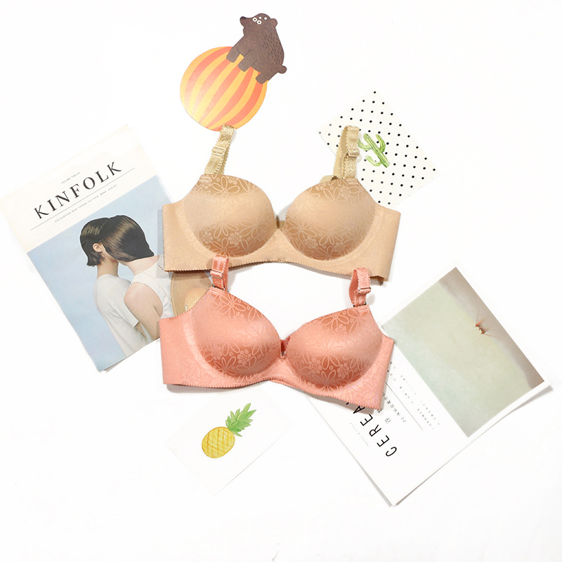 貴舒婷純色暗紋花少女內衣小胸聚攏舒適厚款壹片式無痕文胸套裝