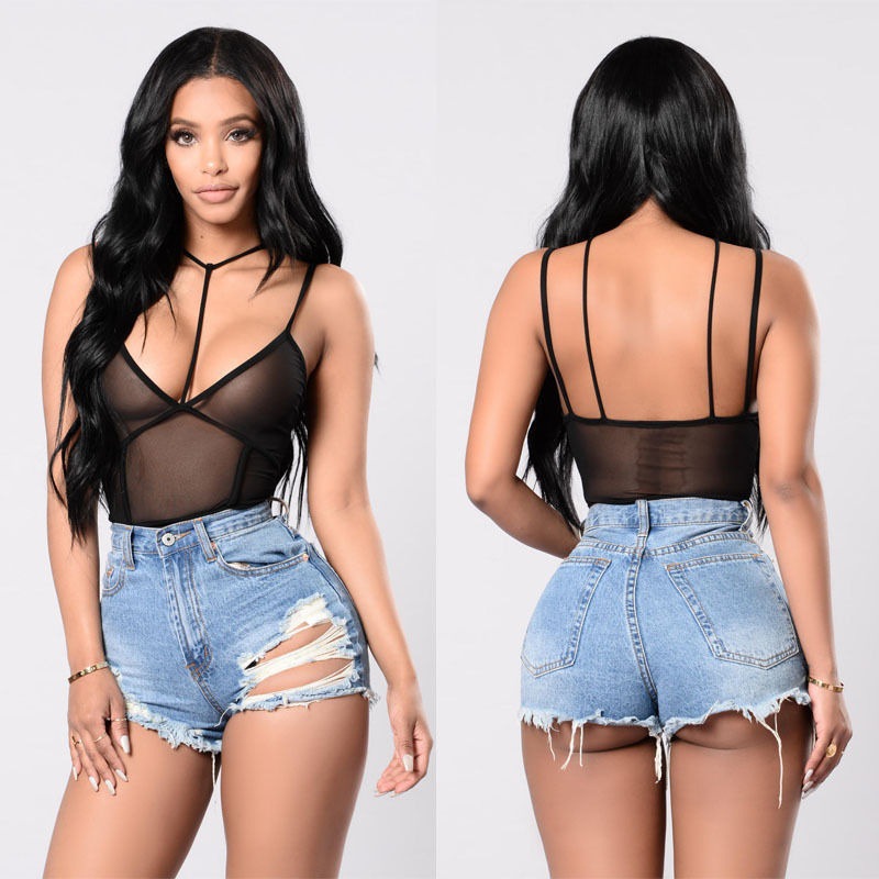 Ropa interior de malla transparente de una pieza con cuello halter NSFQQ77741