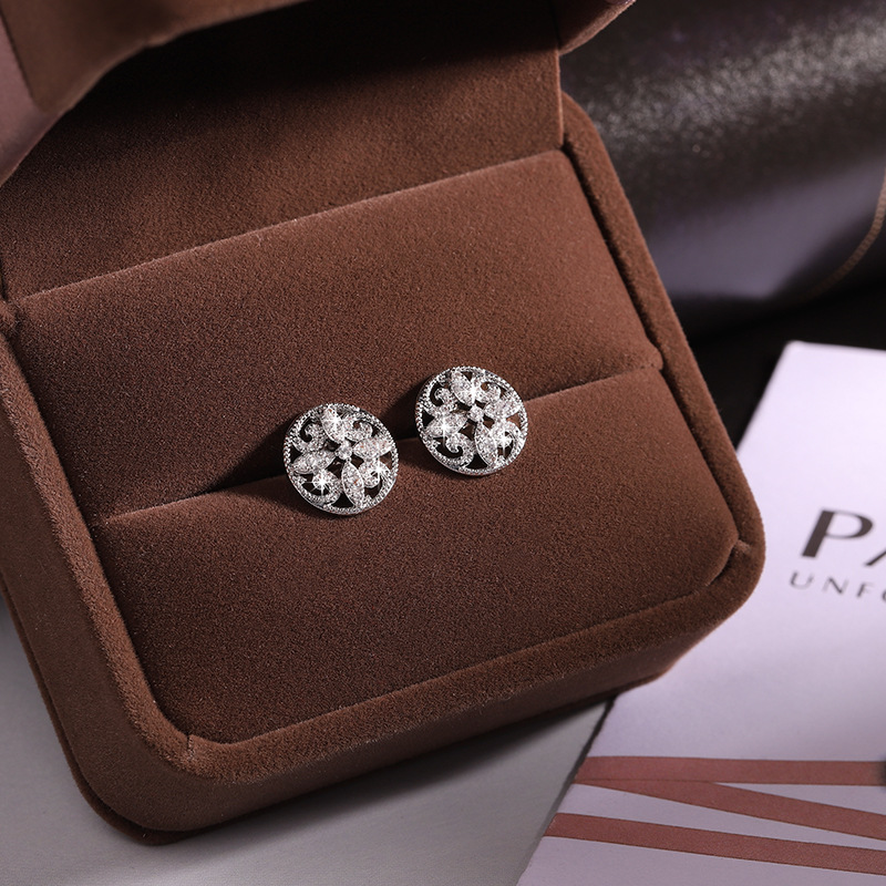 欧美简约天然镂空镶钻圆形耳钉女 个性时尚耳饰品 耳环女镀金耳饰