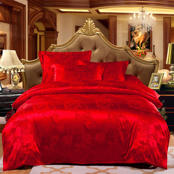 婚庆贡缎提花四件套全棉刺绣 大红床单床盖结婚纯棉床上用品套件