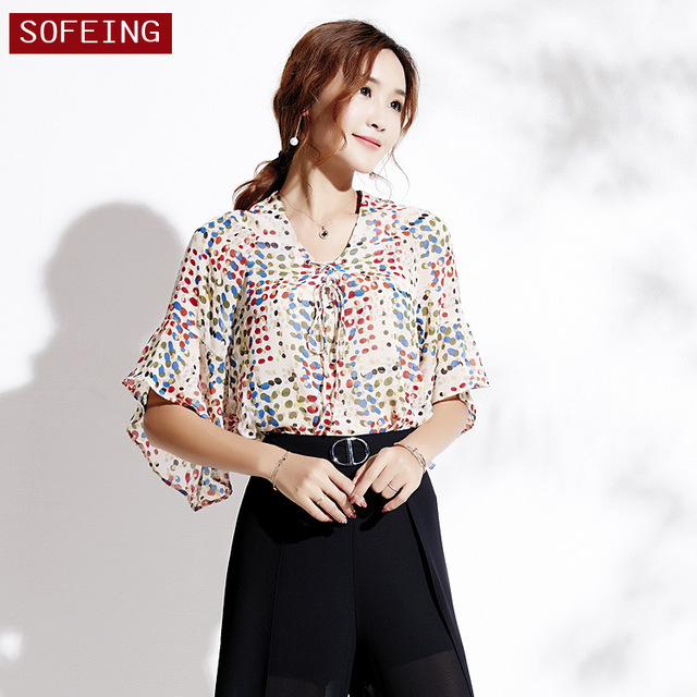 Fashionable Sweet Printed Tied Chiffon Lotus Edge Shirt