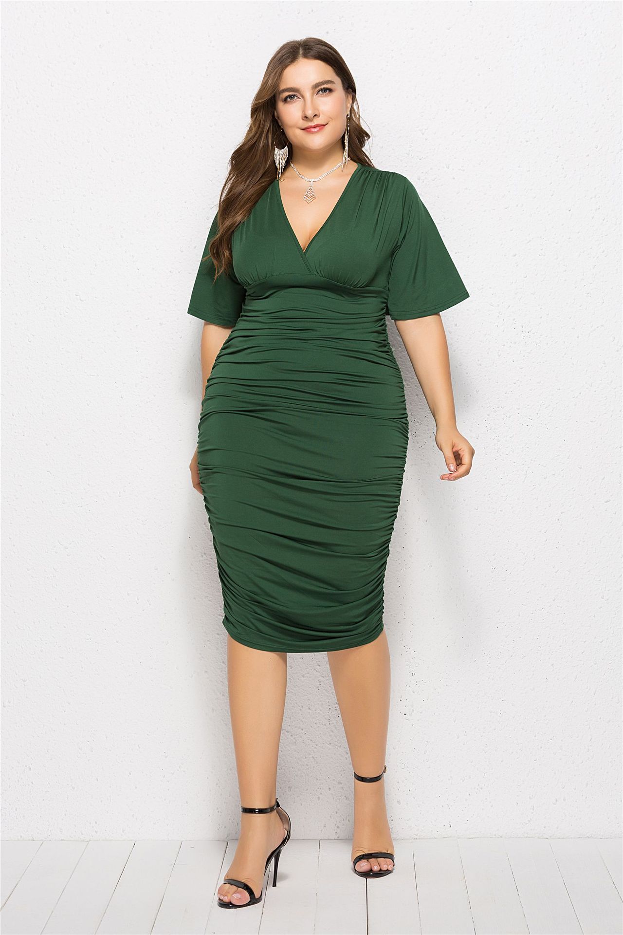 Plus Size V-Neck Stretch Sheath Dress NSLM100603