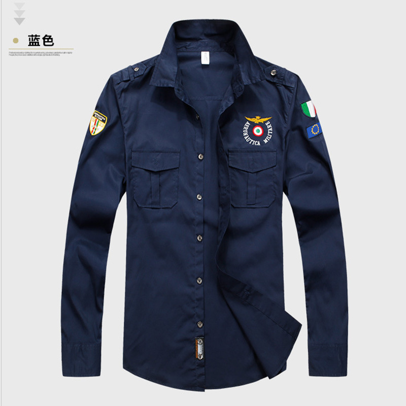 春夏长袖衬衫男 一号空军飞行休闲韩版修身刺绣男式潮流衬衣男|ru