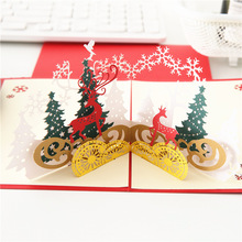 聖誕節3D立體賀卡定制手工商務祝福卡片聖誕森林平安夜外貿批發