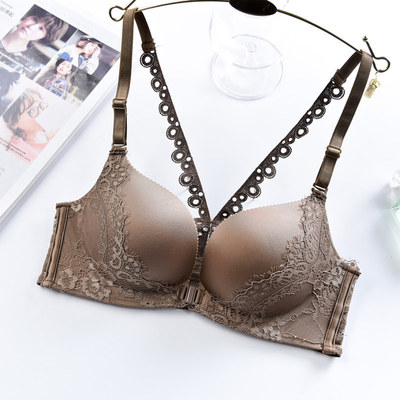 廠家直銷前扣文胸無痕無鋼圈美背蕾絲性感厚小胸調整型薄內衣胸罩