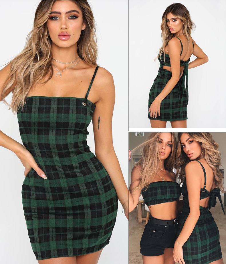 retro plaid package hip hollow sling dress nihaostyles wholesale clothing NSLIH89097