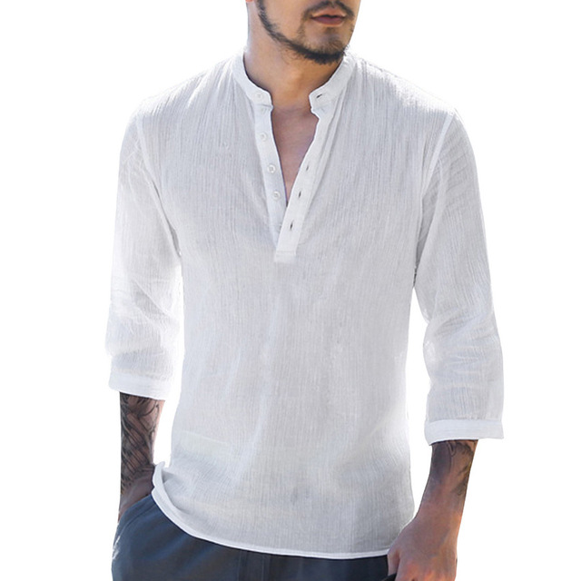 European and American solid half sleeve V tie button men’s casual shirt T-shirt