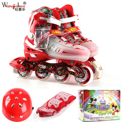 Four-wheel full-flash children's and adult roller skates set, flat shoes, men's and women's roller skates, adjustable, helmet protective gear included