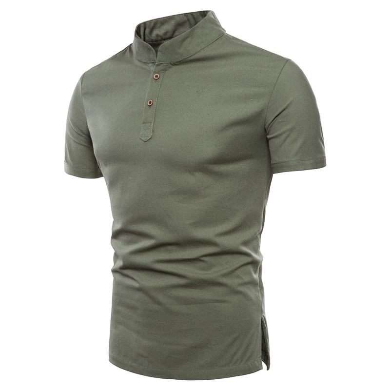 Men's Solid Color Cotton And Linen Stand Collar Casual T-shirt