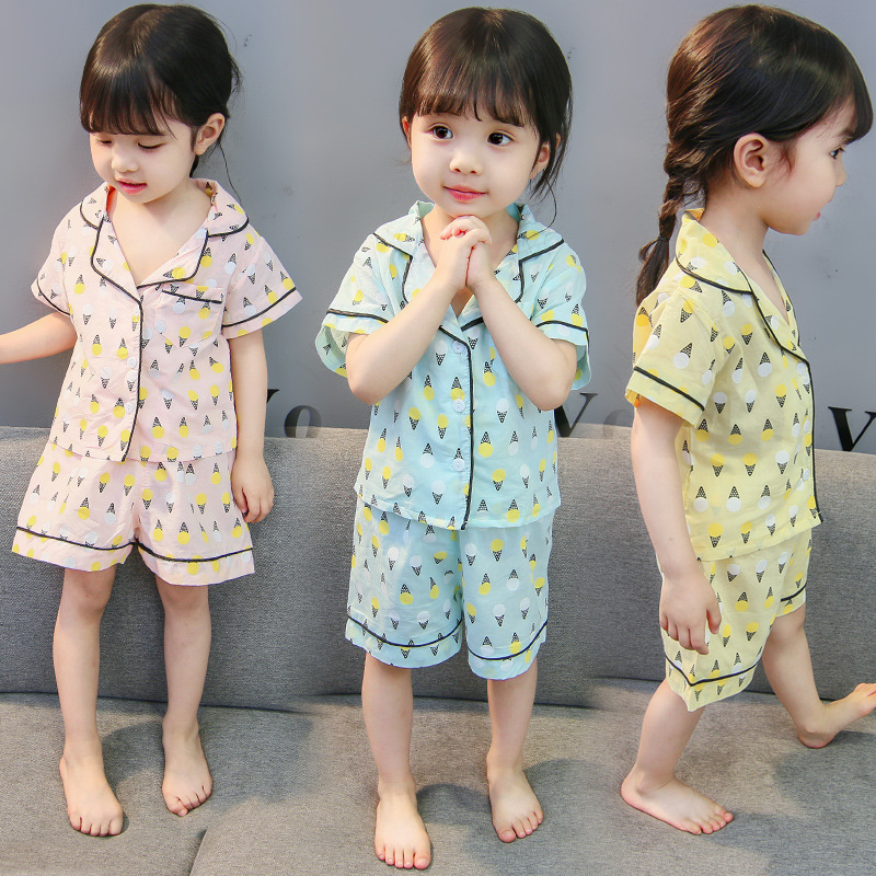 Children's Pajamas for Boys and Girls Summer Suit Baby Thin Cotton Short Sleeve Printed Ice Cream Home Clothes for Children