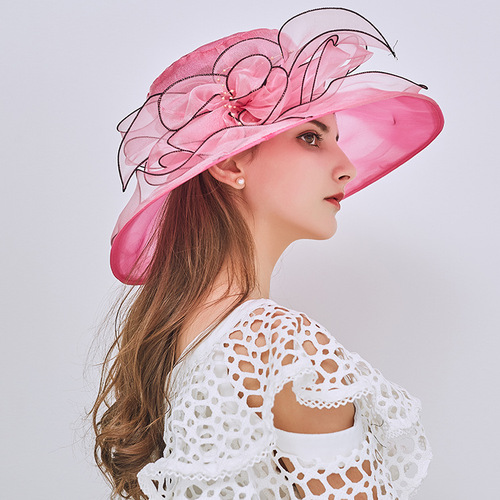 Party hats pillbox top hats fedoras for women Flower net gauze sunshade hat beach sunscreen sun hat female Organza hat