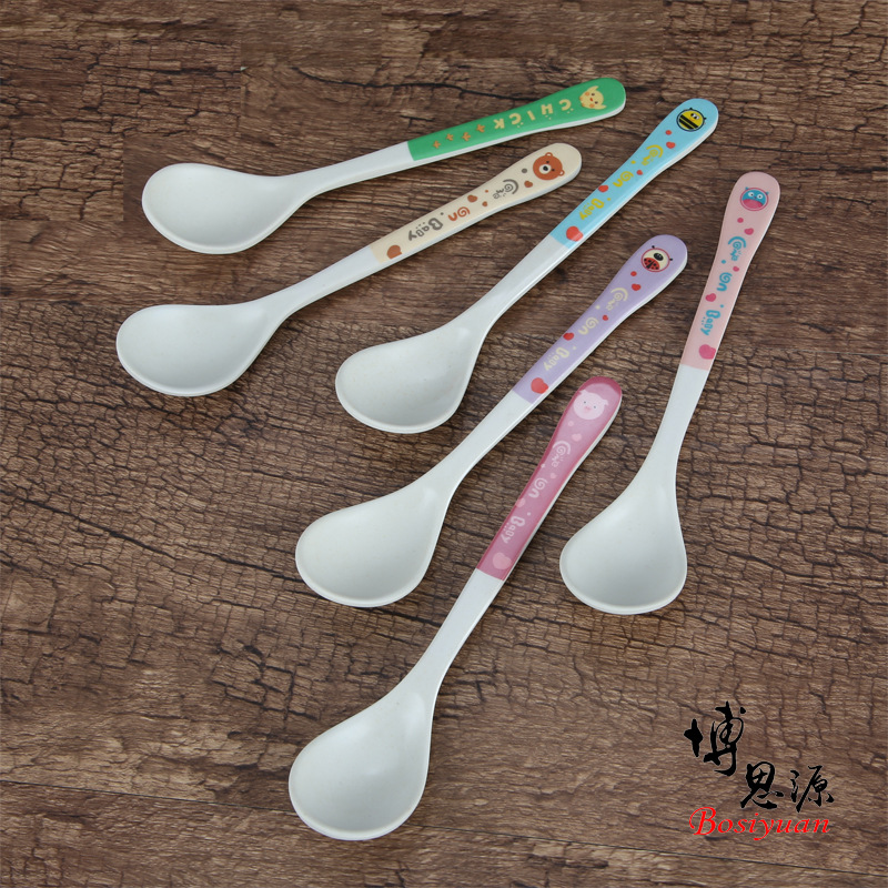 만화 대나무 섬유 어린이 식기 가정용 아기 둥근 머리 보충 식품 숟가락 아기 숟가락 어머니와 아기 가게 활동 동반 선물