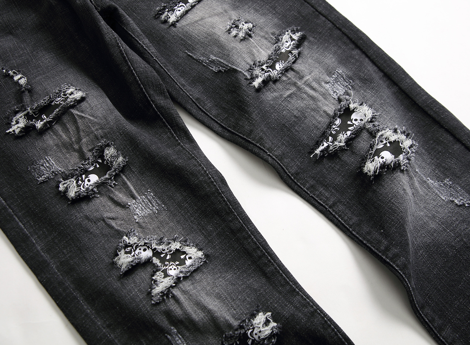 Pantaloni da uomo elastici neri di alta qualità con toppe rovinate, pantaloni da uomo personalizzati e alla moda_voghion.com