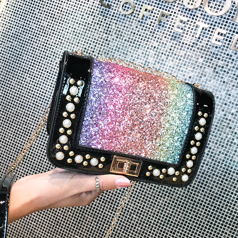 2018新款潮流个性百搭包包实拍珍珠转锁亮片多色女包厂家自|ru