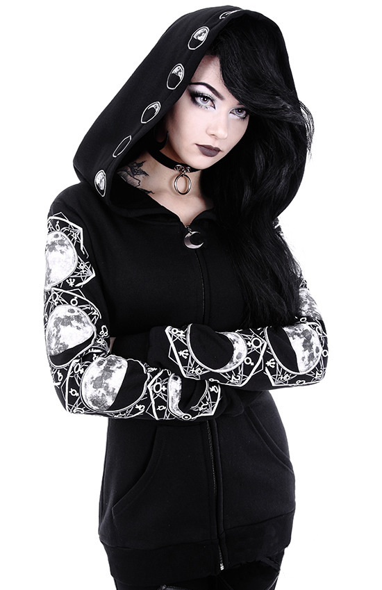 Punk Peng Hooded Moon Print Black Long Sleeve Sweatshirt_voghion.com
