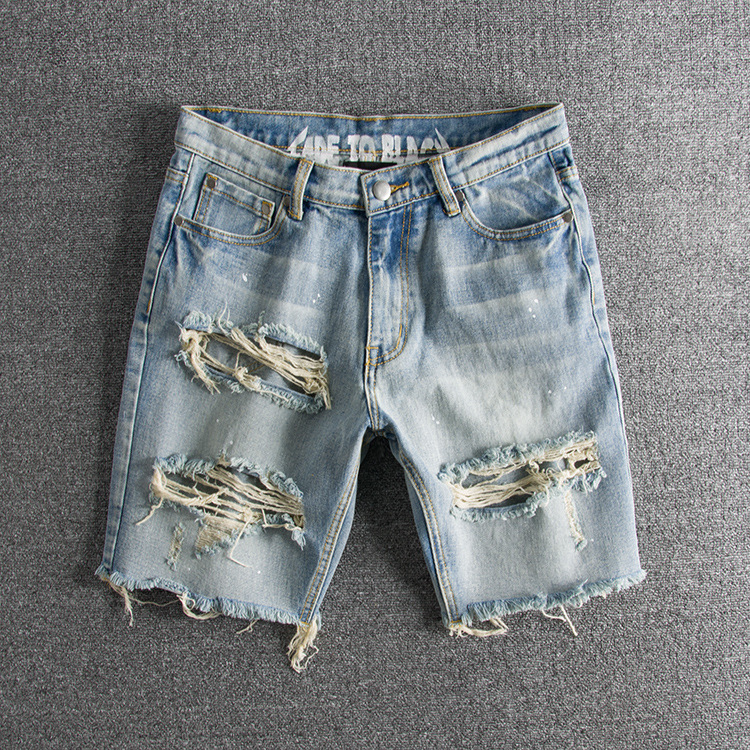 Washing old ink-spraying big hole youth tide foreign trade original single male denim shorts 14