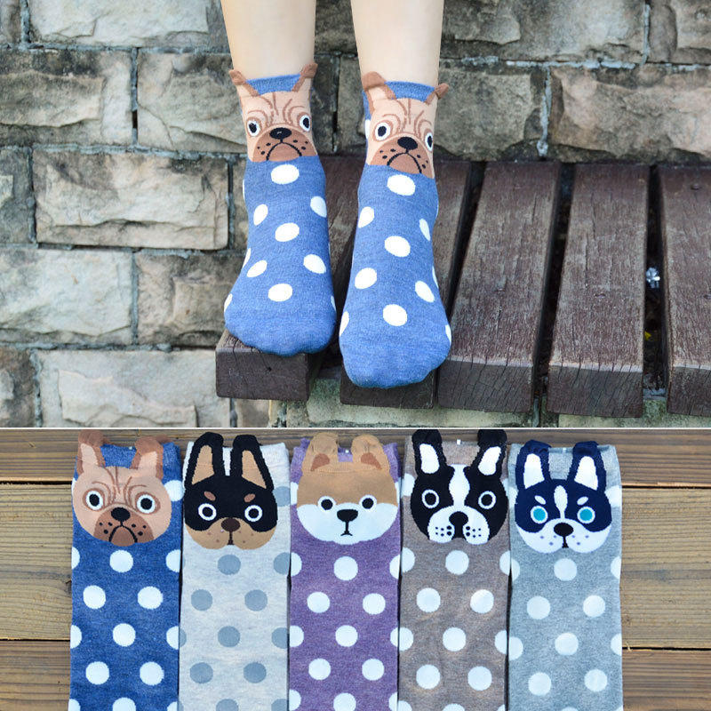 Fashion New cute puppy comfortable polka dot women's socks Korean-style mid-calf 200-pin cartoon socks for women Factory Direct Supply