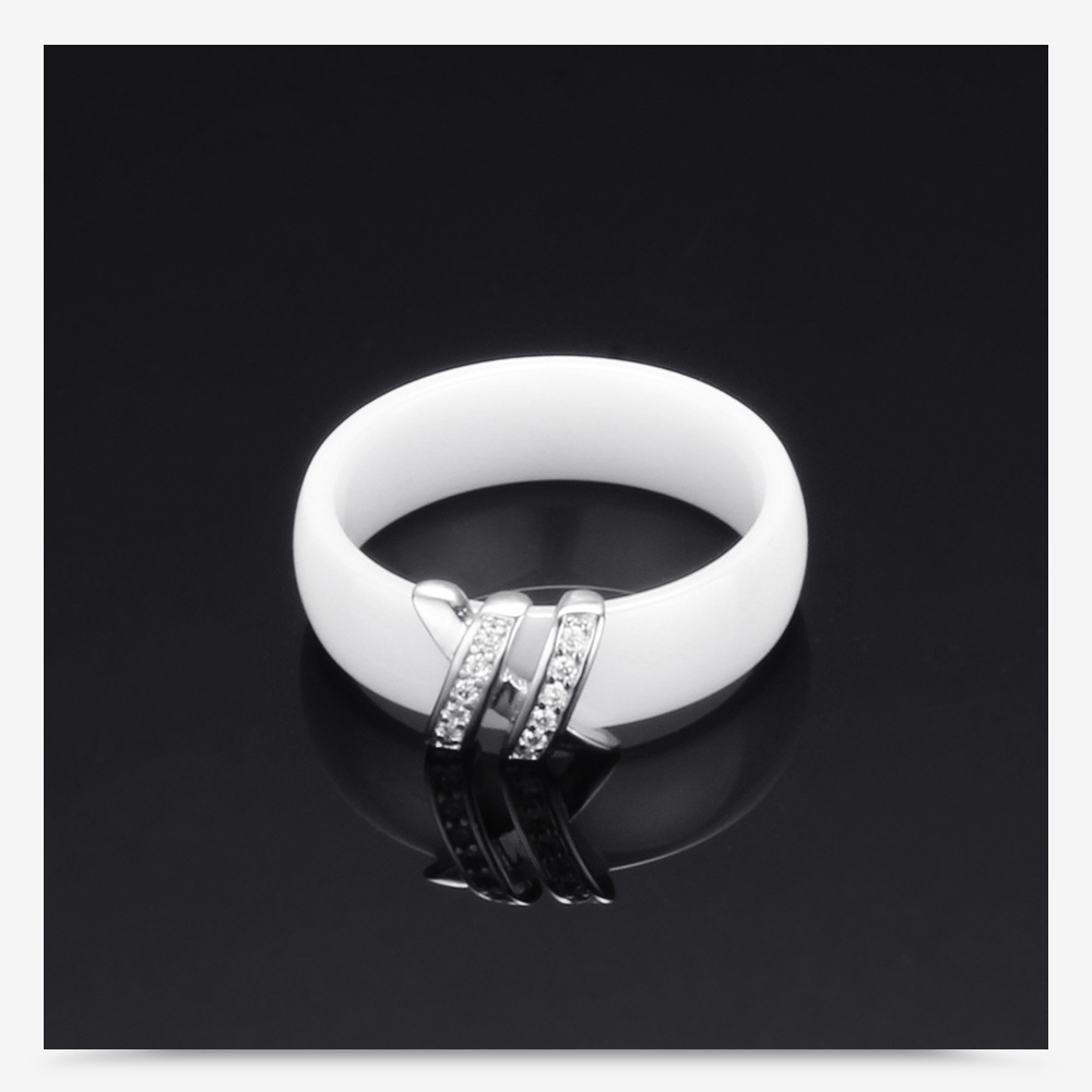 Creative Ceramic Black White Double X Inlaid Diamond Titanium Steel Ring display picture 4