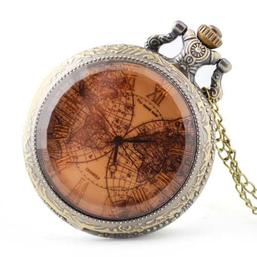 Boshiya Watch Accessories Wholesale Brown Glass Double Globe Pocket Watch Unisex Casual Quartz Retro Pocket Watch