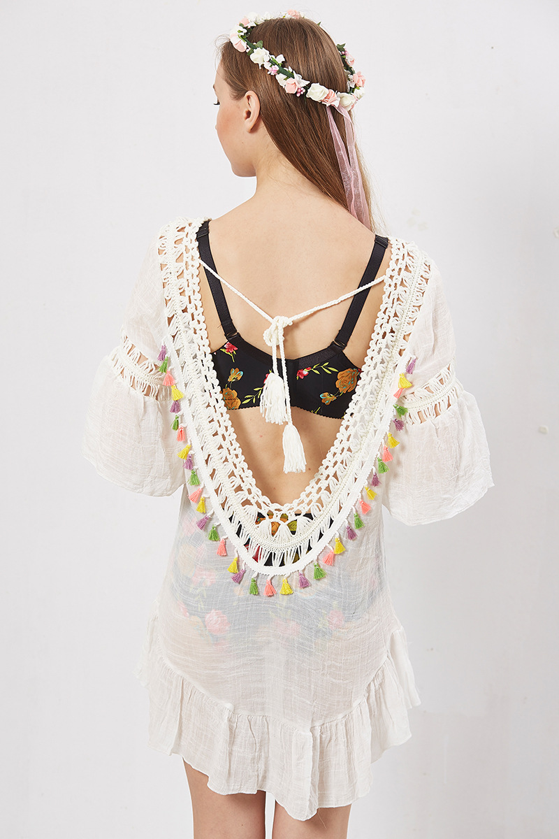 Sexy Bikini Cover Up Colorful Lantern Tassels Hollow Design U Back Tie Closure Beachwear for Summer Wholesale