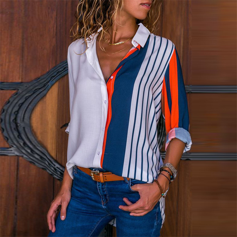 casual striped long-sleeved V-neck chiffon shirt NSGE38995