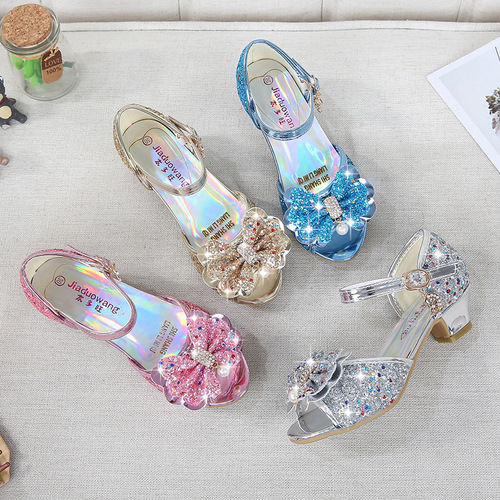Ice and Snow Dream Girls' High Heels Children's Princess Sandals with Bow and Crystal Heels