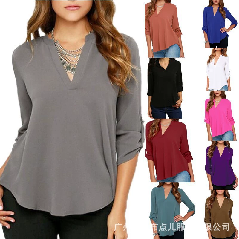 Long-sleeve, shirt, 2018, plus size, V-neckline, oversize