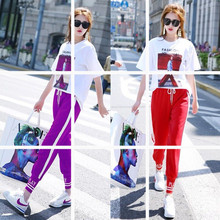 休闲套装女夏2018新款时尚运动风紫色束脚裤bf社会俏皮网红两件套