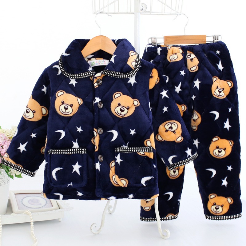 winter children Flannel thickening Cotton clip pajamas Korean Edition Cartoon suit Medium and small Lapel Home Furnishings wholesale