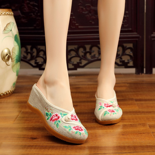 Aromatherapy Dignity Pinellia Yan Ruyu Embroidered Linen Slippers Canvas Embroidered Shoes Inner Height Retro Shoes