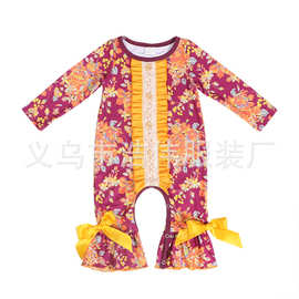 外贸原单欧美万圣节款牛奶丝印花女童连衣裤 裤脚蝴蝶结爬服 批发