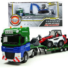凱迪威1：50全合金工程車模平板拖車帶挖掘車兒童玩具車供應