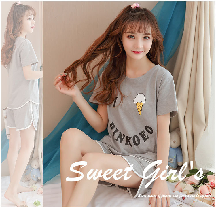 帮手描述图：华信2018睡衣女夏套装大码短袖少女两件套休闲款