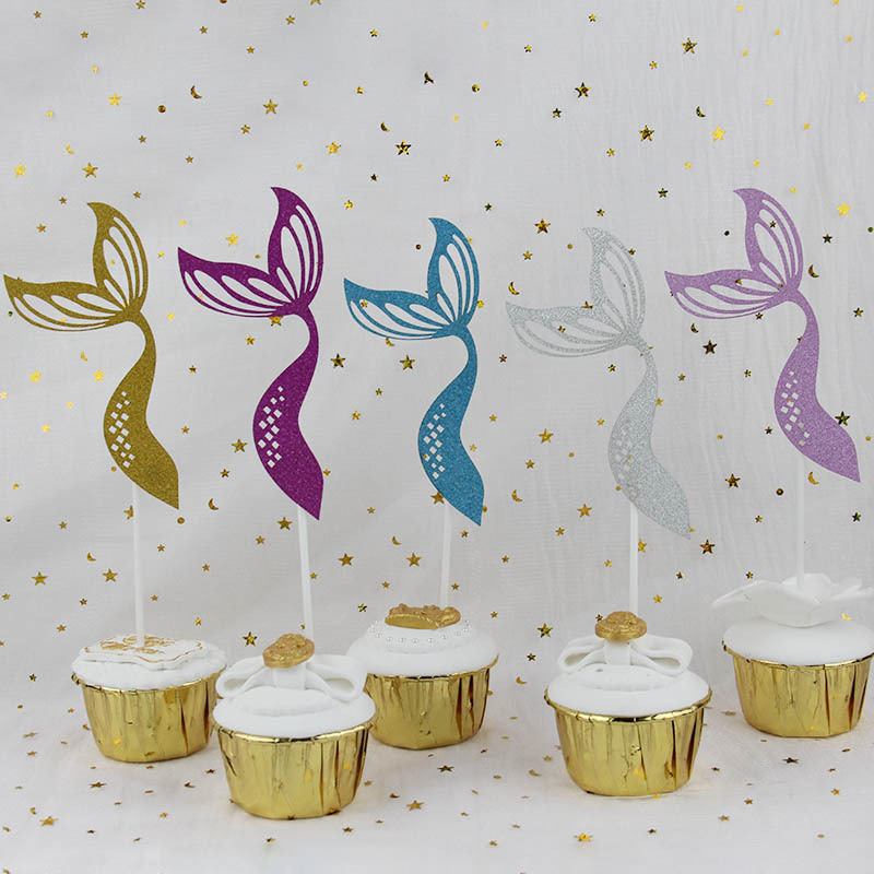 璀璨美人鱼蛋糕装饰插牌插旗鱼尾巴纸质装饰插件 甜品台插牌插卡