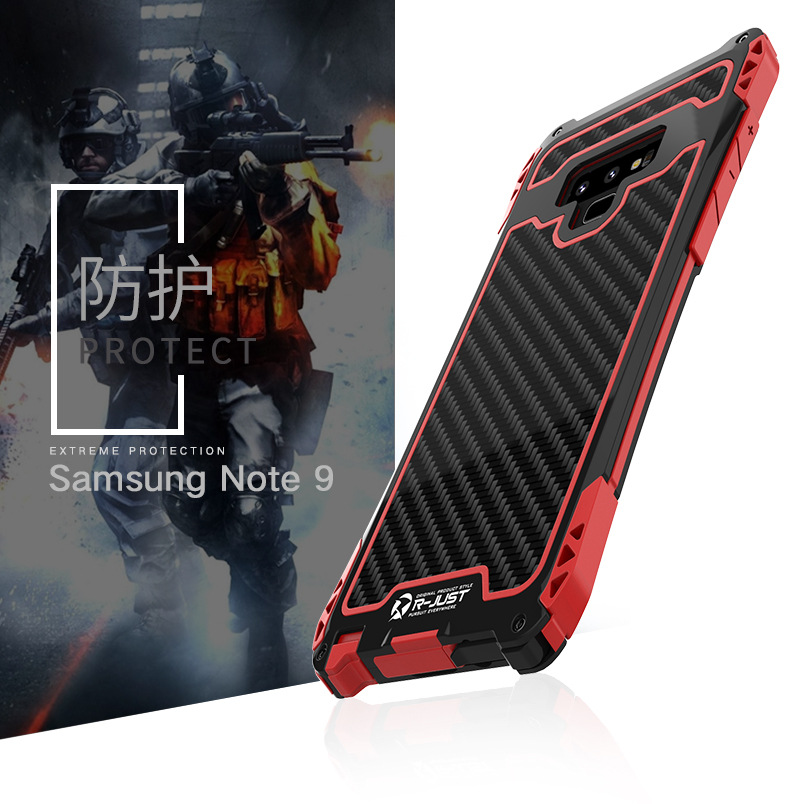 R-Just Amira Heavy Duty Dirtproof Shockproof Rainproof Aluminum Metal Bumper Carbon Fiber Back Cover Case for Samsung Galaxy Note 9