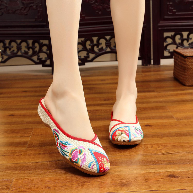 特价批发低跟民族风亚麻拖鞋 绣花女式包头休闲凉拖牛筋底凉鞋