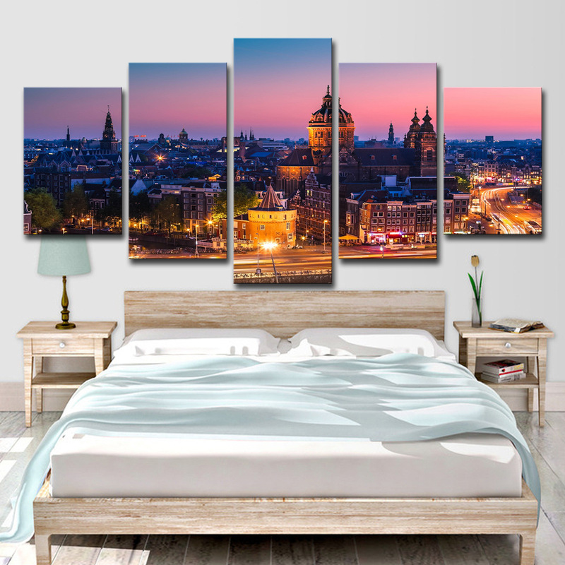 Cross-border wish AE5 pieces London night view painting city building pictures home decoration living room wall art