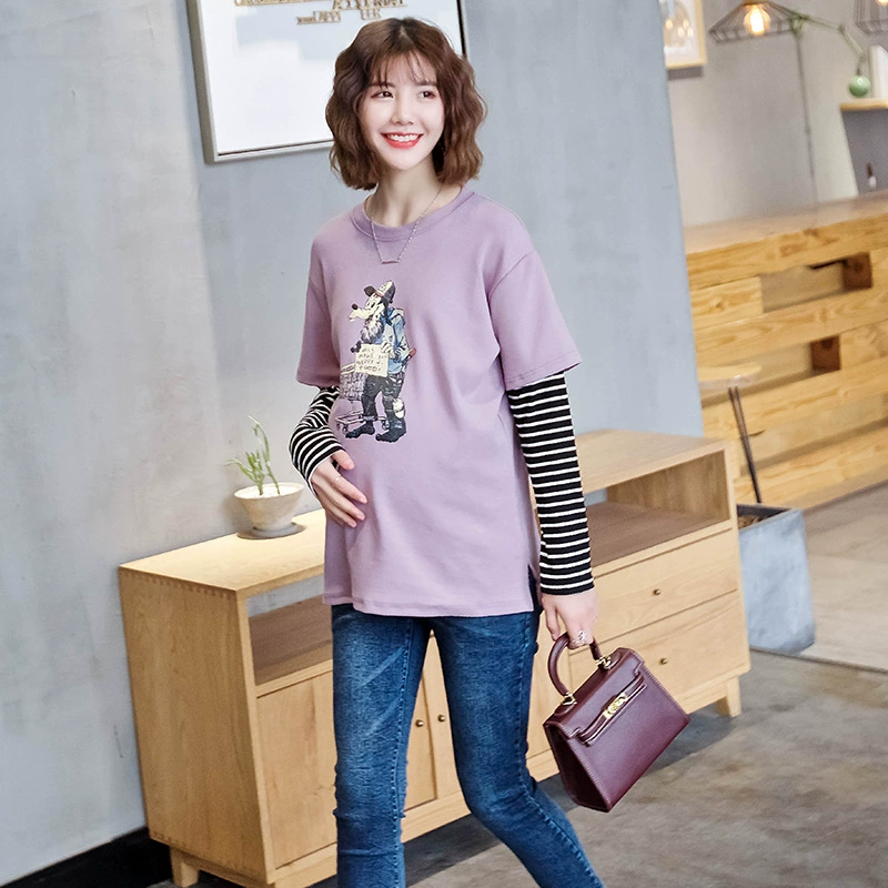 Весенне-осеннее платье для беременных Шлифовальная футболка в Корейском стиле для беременных, утолщенный удобный эластичный топ с длинными рукавами из поддельных двух частей