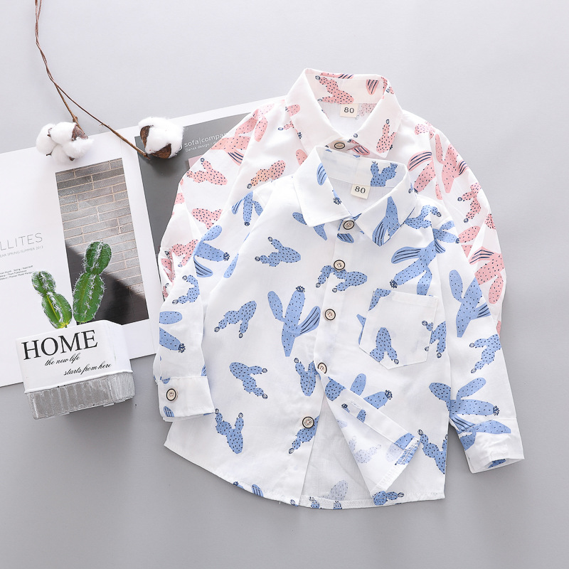 男童春季休闲服 2018新款韩版1-3岁童衬衫潮印花满仙人掌一件代发