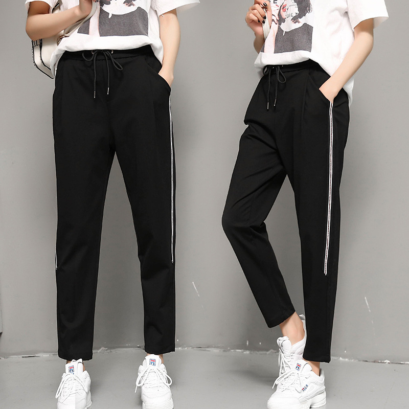春夏新款时尚百搭学院风黑色长运动裤女休闲裤拼接撞色九分裤女裤