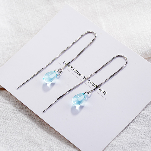 Earrings for Women - Korean Style Fashion, Mori-kei Blue Crystal Teardrop Earrings - Elegant Long Earrings